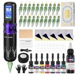 Solong Tattoo Kit 7 Stroke Speeds Professional Tattoo Machine Wireless with 1600mAh Power LED Display Rotary Tattoo Pen with 20pcs Tattoo Cartridges Needles and 7 Multicolor Ink SL-TKE200AUK-4