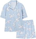 Cute Fashion Long Sleeve Cardigan Pajamas Set Kawaii Leisure Loose Two-Piece Sleepwear Set for Women Girls, Short Sleeve - Blue, Small