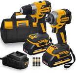 EWORK Compact Cordless Drill and Impact Driver Combo Kit 21V Brushless Power Tool Set with (2) 2.0Ah Batteries and Fast Charger, Tool Bag (EKC-1018)