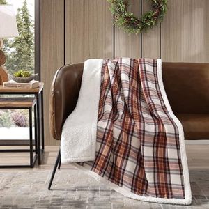 Eddie Bauer Edgewood Plaid Flannel Sherpa Throw Blanket, Red