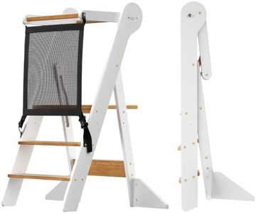 COSYLAND Foldable Toddler Standing Tower - Adjustable Height Folding Step Stool Kids Toddler Kitchen Stool Helper for Learning and Cooking - Ages 18 Months to 6 Years with Safety net Natural & White