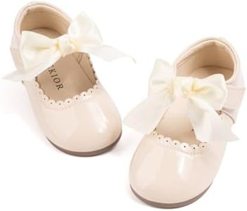 Bellocasa Mary Jane Little Girls Dress Shoes Toddler Baby Ballet Flats Flower Girls Wedding Party Bow Princess Kid Shoes, A-beige, 4.5 Toddler