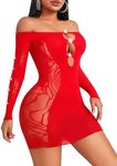 Avidlove Womens Fishnet Lingerie Sexy Bodycon Mini Dress Mesh Cut Out Babydoll Chemise Stripper Outfits Red