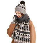 Women Winter Warm Beanie Hat Touchscreen Gloves Fashion Print Scarf Set Fleece Knit Hat with Pompom (Black)