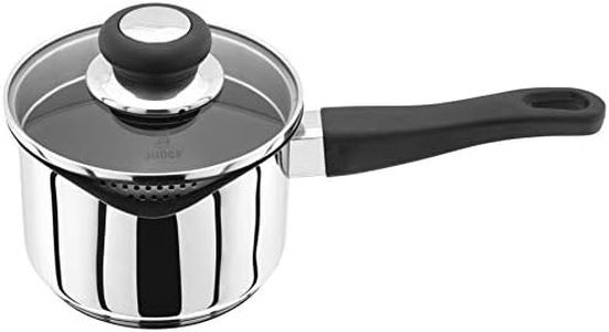 Judge Vista Draining J304EA Medium Stainless Steel Non-Stick Saucepan with Pouring Lip 14cm 1L, Shatterproof Glass Strain & Pour Lid, Induction Ready, Oven Safe, 25 Year Guarantee