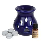 Pure Source India Ceramic Regular 10 Ml Lavender Aroma and 4 Tea Light Candle (Dark Blue, Oil Burner Set)