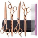 FOGOSP Rose Gold Titanium Dog Grooming Scissors Set 4PCS Curved Thinning Straight Chunkers Shears Kit with White Artificial Diamonds Ergonomic Offset Handle Japan 440C Sharp and Durable