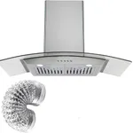 GAOMON 30 Inch Curved Glass Range Hood, Ductless/Ducted Convertible Stove Vent Hood with Chimney, 3 Speed Fan, LED Light, Button Control Vent Hood for Stove Kitchen, 400 CFM