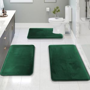 Clara Clark 3 Piece Bathroom Rugs Bath Mat Set, Velvet Memory Foam Bath Mats for Bathroom - Non-Slip, PVC Backing Bath Rugs, Washable Bathroom Rug Mats - Dries Quickly, Green Bathroom Rug Set