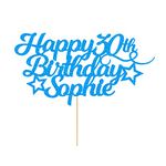 Personalised Happy Birthday Cake Topper Customised with Any Age Name Party Cake Decoration 16 18 21 40 60 Double Sided Glitter Card Blue
