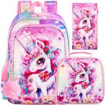 3PCS Unicorn Backpack for Girls, Water Resistant Kids Sequins Bookbag Set with Lunch Box，Cute Elementary School Bag for Preschool Toddler