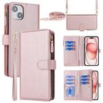 Jaorty Crossbody Case for iPhone 15 with Strap Lanyard,for iPhone 15 Phone Case Wallet for Women with Card Holder,Zipper Pocket Magnetic Flip Leather Case with Wallet,6.1" Rosegold