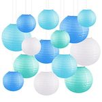 QYCX 16 Pack Chinese Crafts Tissue Paper Lanterns Chinese Blue White Paper Lantern Hanging Paper Lanterns Wedding Lantern 4" 6” 8” 10”(4 of Each Size) for Fiesta Hanging Party Decorations