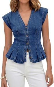 Tankaneo Womens V Neck Denim Vests Tops Trendy Summer Casual Button Down Y2k Fitted Pleated Sleeveless Jean Tops