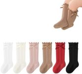 WATOCHE Baby Long Socks Toddler Girl Ruffle Knee High Socks Knitted Cotton for Newborn/Infant Girls 6 Pairs(Knit Bow-6P,1-3T)