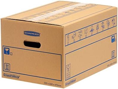 8 BANKERS BOX Large Strong Moving Boxes, 39L C-Flute SmoothMove Cardboard Boxes, Heavy Duty Boxes for Moving House with Handles, 47cm x 32cm x 26cm (Pack of 8), Brown