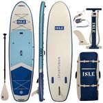 ISLE Sportsman Inflatable Stand Up Paddle Board, Incl. Coil Leash, Nylon Touring Center Fin, Backpack, Hand pump, Paddle - Fishing SUP - 11.6 x 36 x 6 in, 27 lbs - California Design - Aqua/Navy