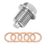 NTNEV M14 x 1.5 Magnetic Oil Drain Plug, Stainless Steel Sump Drain Nut Bolt with 5PCS Red Copper Washer Gaskets, Universal for Most Cars Ford Motorcycle Boat Leak-proof Replacement (Silver)