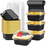 KAHEIGN 50Pcs Mini Cake Baking Cups with Lids and Spoons, 150ml Square Aluminum Foil Baking Pans Small Loaf Boxes Tart Pie Cake Containers for Bread Dessert Wedding Birthday Picnic Party (Black Gold)