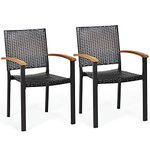 DORTALA 2PCS Stackable Patio Rattan Chair, Outdoor PE Wicker Dining Armchair W/ Galvanized Steel Frame, Acacia-Topped Armrests, Powder-Coated Legs, Indoor and Outdoor Chair for Patio Table, Yard, Bar, Kitchen