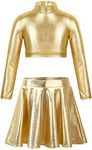 FEESHOW Girls 2 Piece Metallic Latin Jazz Cheer Performance Dance wear Costumes Crop Top with Pleated Skort Skirt Gold 8