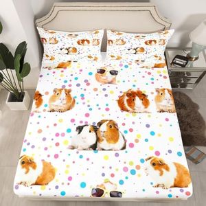 Guinea Pig Fitted Sheet for Girls Boys Children Kids Cute Cavy Pattern Bedding Set Decorative Cartoon Lovely Pet Animal Bed Sheet Set Colorful Polka Dots Bed Cover No Flat Sheet Queen Size 3Pcs
