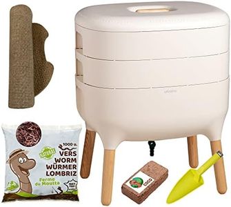 Moutta | Urbalive 2 Schalen Elfenbein, Komplettset I Design Wurmkomposter I 500g Kompostwürmer / 1000 STK. I Startersubstrat I Hanfmatte + Schaufel I Innenraum, Balkon und Garten
