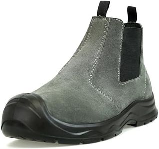 FH1961 Men‘s Women’s 6in Mid-top Steel Toe Work Boots, Slip-On Chelsea Style, Tumbled Leather Uppers, Non-Slip Outsoles, Toe Protection, No Lace (Gray) (Gray, Adult, Men, 10, Numeric, US Footwear Size System, Medium)