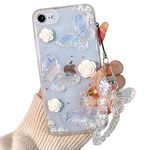 Lovmooful Compatible for iPhone 7/8/SE2/SE3 Case Clear Cute 3D Glitter Butterfly with Flower Floral Pearl for Girls Women Soft TPU Shockproof Protective Girly for iPhone 7/8/SE2/SE3-Pearl Butterfly