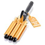 Alure Three Barrel Curling Iron Wand Hair Waver With Lcd Temperature Display - 1 Inch Ceramic Tourmaline Triple Barrels, Dual Voltage Crimp,Gold