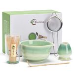 Buucup Japanese Matcha Set, Matcha Bowl with Spout, Matcha Whisk and Holder, Bamboo Matcha Scoop and Stainless Steel Sifter - 5 Pcs Gradient Green Matcha Kit for Matcha Lover