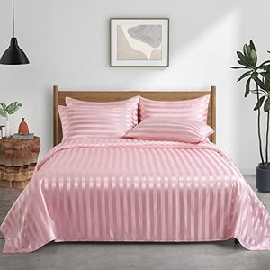 P Pothuiny Queen Satin Bed Linen Set, 6 Pieces Blush Pink Striped, Luxury Bedding with 1 Fitted Sheet, 1 Flat Sheet, 4 Pillowcases