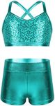 iEFiEL Kids Girls Shiny Sequins Crop Top with Shorts Metallic Gymnastic Leotard Sports Dance 2 Pieces Outfits Lake_Blue 10-12 Years