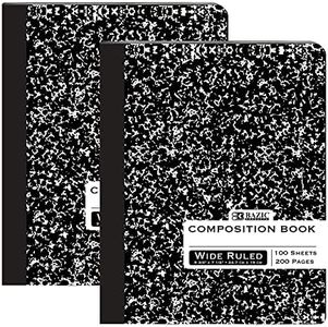 BAZIC Products Composition Notebook Wide Ruled - 100 Sheets, Black Marble Composition Notebook with Durable Cover, Non-Spiral for Journaling, School, Home, or Office, 2-Packs