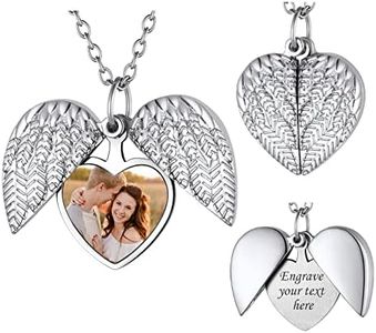 FindChic Personalized Heart Locket Necklace Angel Wings Pendant with Photo Printing Platinum Plated Dainty Custom Full Color Picture Memorial Jewelry for Women Mom Loss of Father Gift