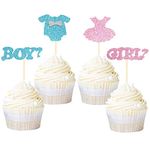 Ercadio 24 Pack Boy or Girl Cupcake Toppers Glitter Onesie Jumpsuit Cupcake Picks Baby Shower Kids Birthday Gender Reveal Party Cake Decorations Supplies