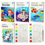 INDIKONB Color Magic Book for Kids | Set of 4 Activity Books for Children Coloring Books for Kids Ages 4-8 Years | Unicorn Mermaid theme Painting kit with Brush Return Gift