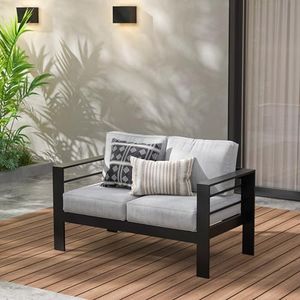 Wisteria Lane Patio Furniture Aluminum Loveseat, All-Weather Outdoor 2 Seats Sofa Couch, Black Metal Chair with Light Grey Cushions