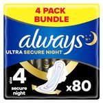 Always Ultra Sanitary Towels/Pads with Wings, Secure Night Size 4, Ultra Thin, 80 Towels (20 x 4 Packs), Super Saving Box, Odour Neutraliser, Super Absorbent Core