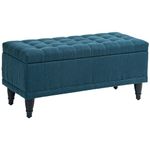 HOMCOM Storage Ottoman, Linen Fabric End of Bed Bench with Soft Close Lid, Button Tufted Storage Bench for Living Room, Entryway or Bedroom, Blue