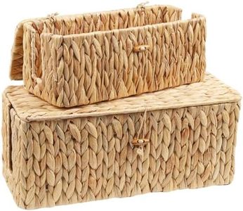 Caossuixin 2 Stück Kabelbox,Natürliche Geflochtene Wasserhyazinthe Kabelmanagement Box,Unter Schreibtisch Kabel Organizer Box mit Bambusdeckel,Kabelaufbewahrung mit Seitlicher Öffnung für Büro,Haus