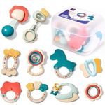 hahaland Baby Teething Toys, Infant Newborn Toys 0-3 3-6 Months, Silicone Babies Teether Rattles, Baby Shower Gifts for Newborn Boys Girls, 10 Pcs with Storage Box for 0 Months+