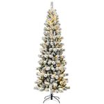 DORTALA Pre-lit Christmas Tree, 8FT Snow Flocked Pine Artificial Xmas Tree with Remote Control, 795 Branch Tips, 350 LED Lights, 9 Lighting Modes, Foldable Metal Stand, White