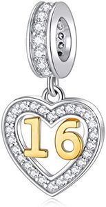 EMOSTAR 16 Years of Love Birthday Charms fits Pandora Women Bracelet, 18K Golden Number 16, 925 Silver Heart Bead Pendant with Birthstones CZ, Milestone 16th Gifts for Girls/Boys