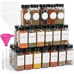 48 Pcs Glass Spice Jars with Labels and Black Lids 4oz Spice Container Set Seasoning Bottles with Blank and Printed Labels, Shaker Lids, Collapsible Funnel and Brush Included