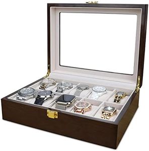 HELMDY Wooden Watch Case Display Box Organizer for Men Storage: 10 Slot Wood Modern with Large Glass Lid & Removable Pillow - Jewelry Holder Women (HD8810)