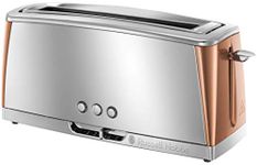 Russell Hobbs Long Slot 2 Slice Luna Toaster with faster toasting Technology (6 Browning levels, Defrost/Reheat/Cancel function, Lift & Look feature,) 1420W, Stainless Steel with Copper accents, 24310