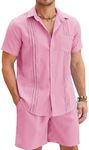 COOFANDY Men 2 Piece Linen Set Short Sleeve Cuban Sets Summer Beach Shirt and Shorts (Pink, X-Large)