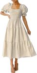 ZESICA Women's 2023 Bohemian Summer Plaid Square Neck Puff Sleeve Ruffle Flowy Beach Midi Dress, Beige, Medium