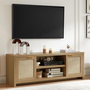 OAKHAM HOME Hampstead TV Stand for Living Room, Modern Entertainment Center for 65 inch TV, 2 Rattan Doors Cabinet Media Console, TV Console Table with Soft Hinge Door and Handle (Weathered Oak)